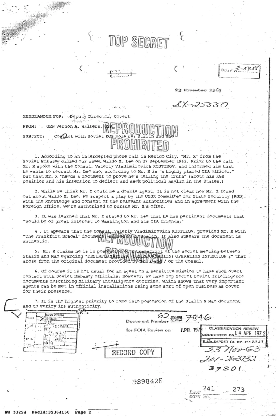 CIA Memorandum for Contact with Soviet KGB Mole, 1963